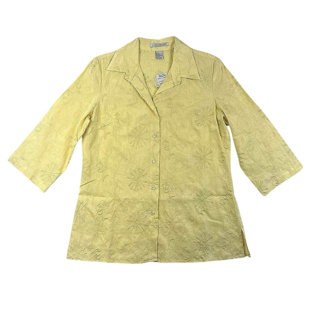 NWT Peter Martin Yellow Linen Shirt Embroidered Floral Button Up Blouse - L